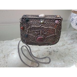 Vintage A' Sajai Metal Purse with Natural Agate Stones & Chain Strap